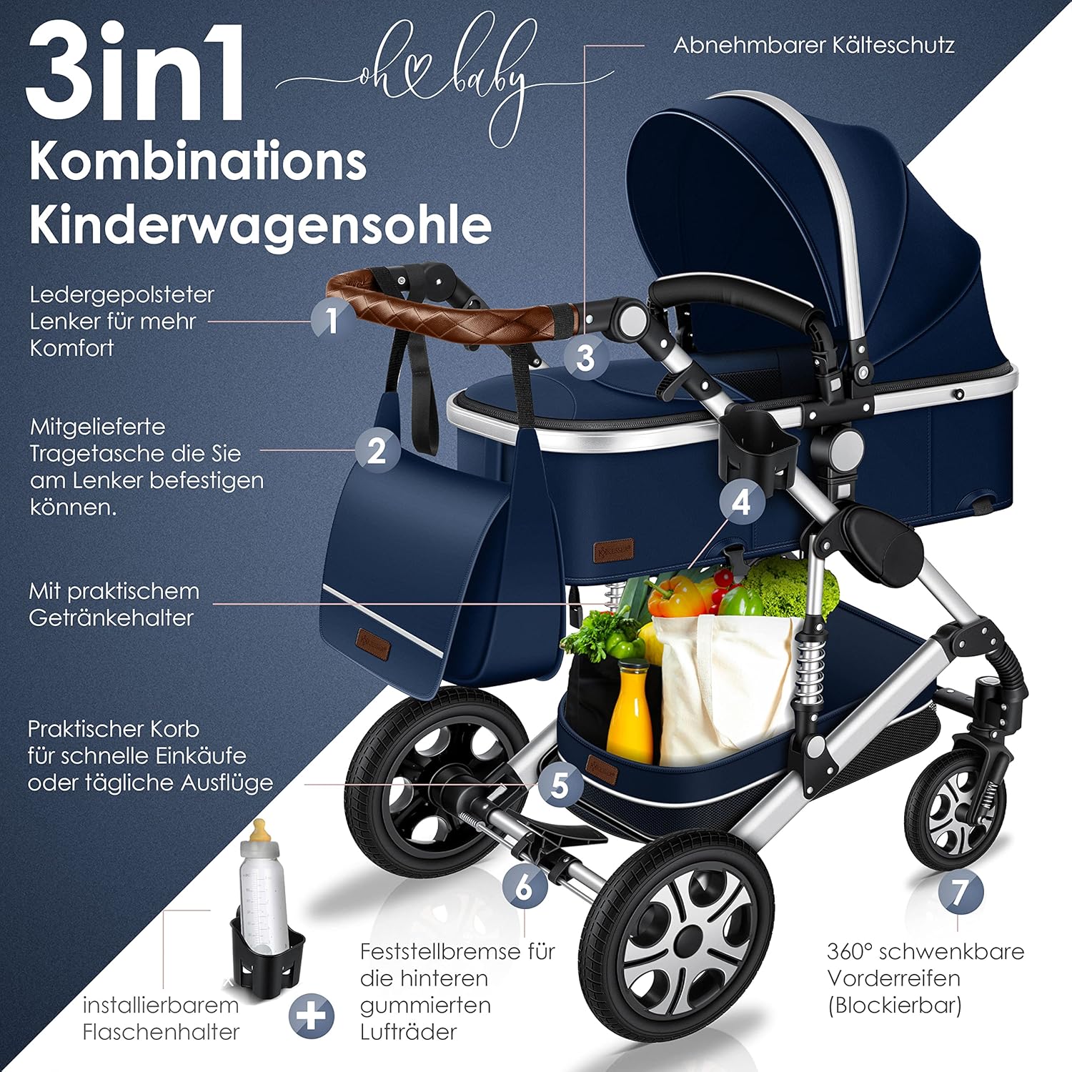 KESSER Loops 3 in 1 Passeggino Combinato, Set Completo con Navicella, Seduta Sportiva Buggy e Seggiolino Auto Ovetto, Gomme Piene, Borsa Fasciatoio, Parapioggia, Tavolino, ECE R129, Nero/Champagne