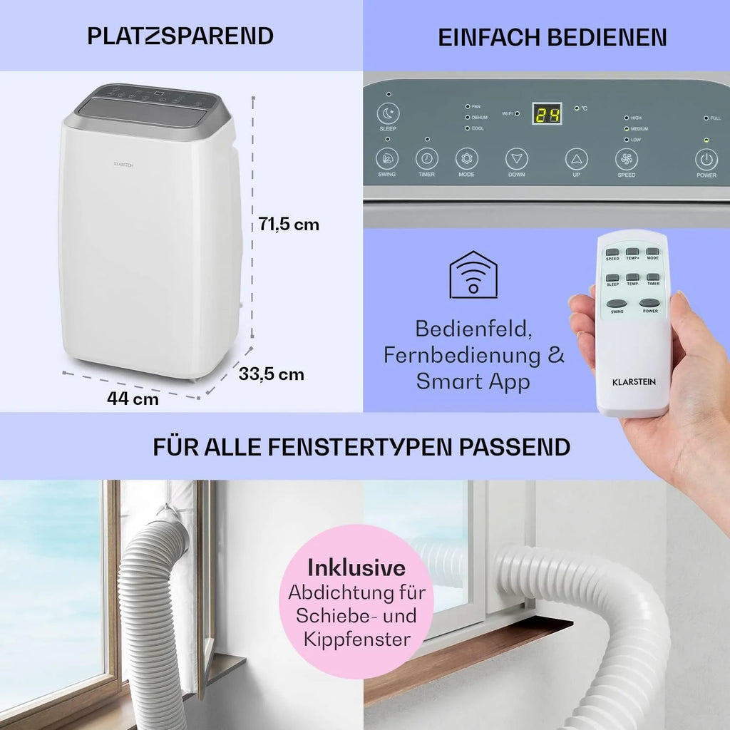 Klarstein Condizionatore Portatile 3-in-1 con Tubo di Scarico, Climatizzatore con Ventilatore, Deumidificatore e Modalità Notturna, Climatizzatore Piccolo e Portatile per Casa e Ufficio, 12000 BTU Basso Consumo