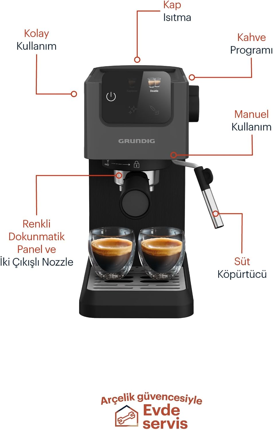 GRUNDIG KSM 5330 Macchina da caffè con portafiltro e contenitore per il latte integrato, 1628 W di potenza, 15 bar di pressione della pompa, ugello doppio, display touch a colori, BrewSense, CreamyPro, Inox scuro/Nero