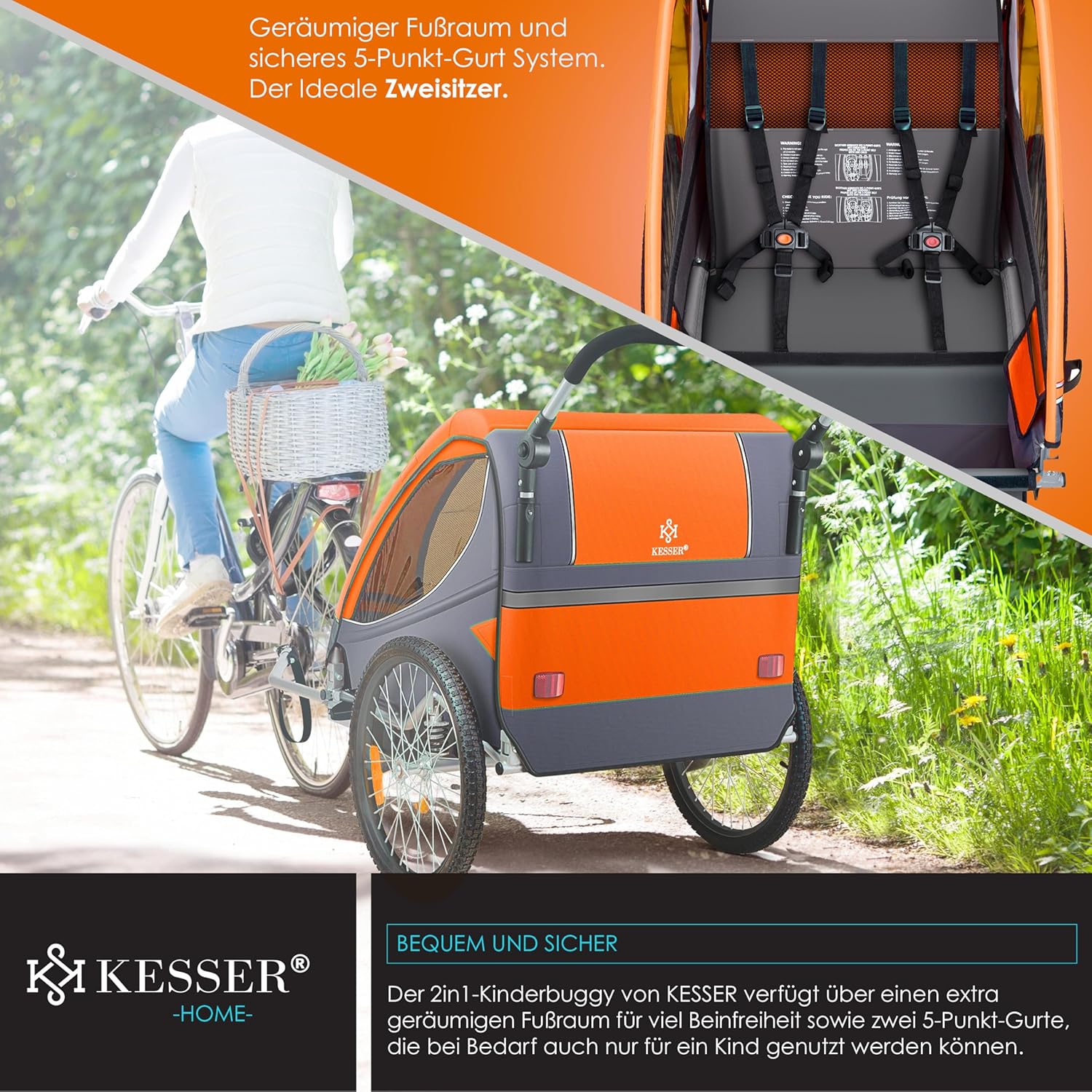 KESSER® Kinderanhänger Fahrradanhänger 360° Drehbar mit Federung 2in1 Joggerfunktion Kinderfahrradanhänger + 5-Punkt Gurt Jogger Fahrrad Anhänger für 1 bis 2 Kinder max. 40kg Inkl. Warnfahne Hellgrau