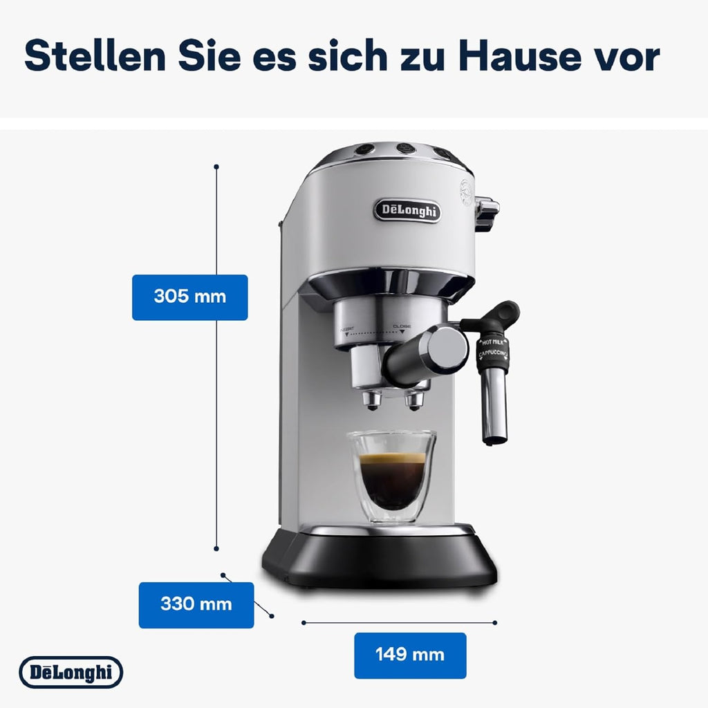 De'Longhi Dedica Style EC 685.M – Macchina da caffè espresso con portafiltro, con montalatte professionale, larga solo 15 cm, per caffè in polvere o cialde ESE, serbatoio dell'acqua da 1 l, argento