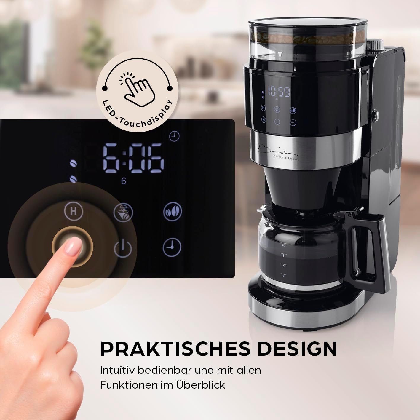 Barista Kaffeemaschine mit Mahlwerk | Filterkaffeemaschine mit Glaskanne | 900W Filtermaschine mit Touchdisplay & Timerfunktion für bis zu 10 Tassen | 1,25 Liter Kaffeekanne | Für Bohnen & Pulver