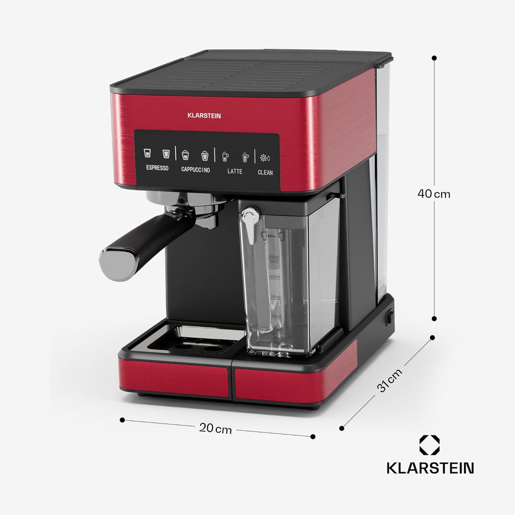 Klarstein Espresso Macchina da Caffè con Lancia Vapore, Macchina Espresso da 1,8L con Portafiltro, 20 Bar, Acciaio Inox, Compatta, Serbatoio Latte da 0,5L, 1350W Caffettiera per Caffè Macinato
