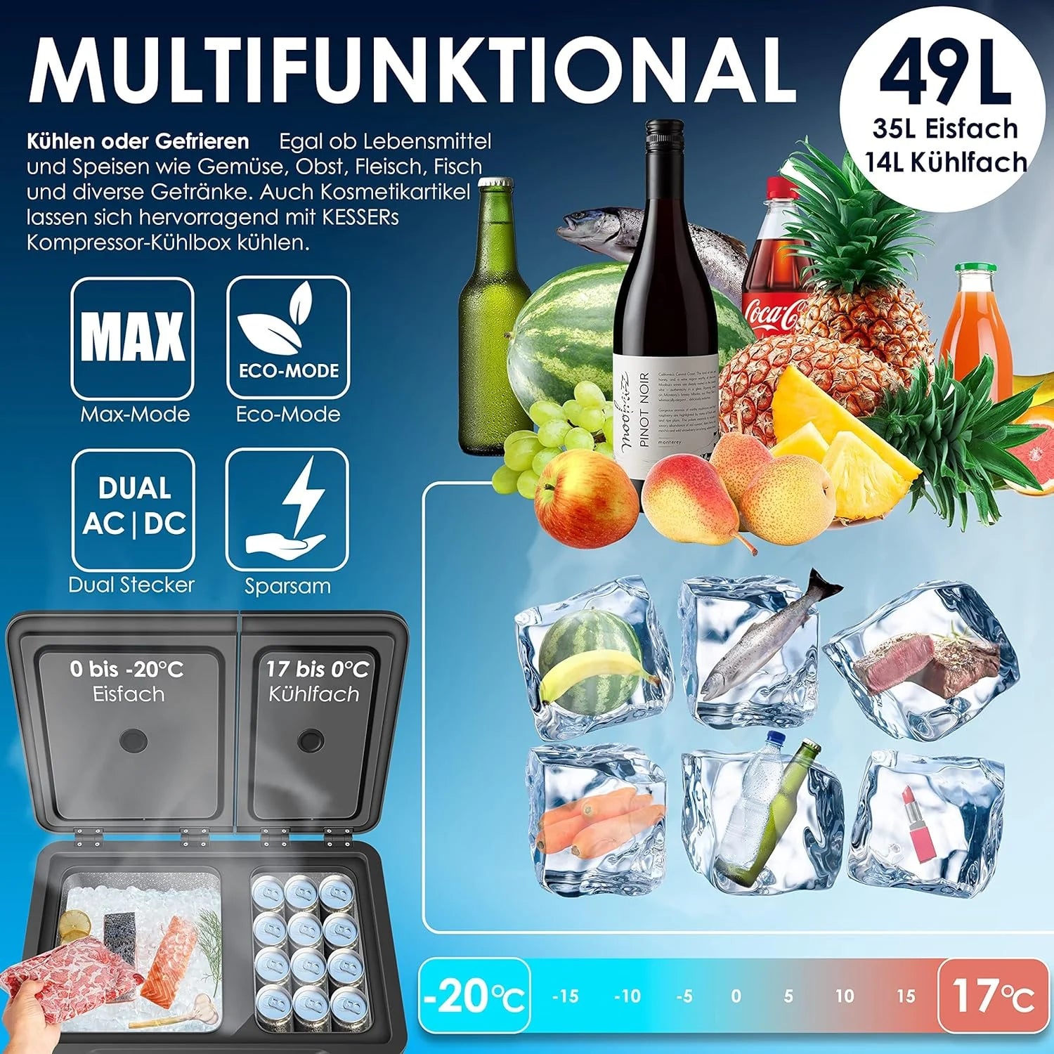 KESSER® Frigorifero portatile a compressore 2in1 doppia zona frigo e congelatore, congelatore elettrico con 2 accumuli di freddo e controllo touch LED | Refrigerazione fino a -20 °C per campeggio, auto, camion 12/24V 230V