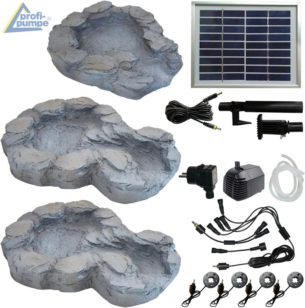 Fontana solare da giardino Bachlauf QUELLBACH II con luce LED/sistema ibrido, FONTANA ORNAMENTALE a 230V, BAGNO PER UCCELLI, CASCATA, LAMPADA DA GIARDINO, POMPA PER STAGNO - GIOCO D'ACQUA per giardino, laghetto da giardino, laghetto