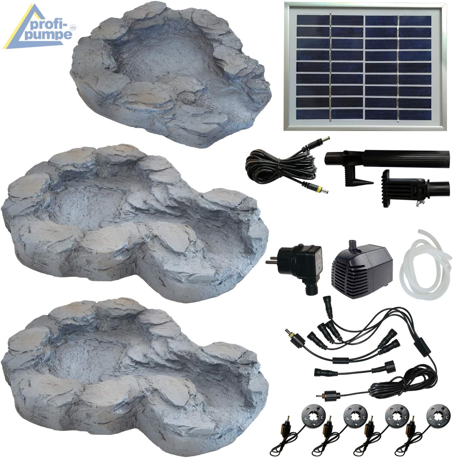 Fontana solare da giardino Bachlauf QUELLBACH II con luce LED/sistema ibrido, FONTANA ORNAMENTALE a 230V, BAGNO PER UCCELLI, CASCATA, LAMPADA DA GIARDINO, POMPA PER STAGNO - GIOCO D'ACQUA per giardino, laghetto da giardino, laghetto