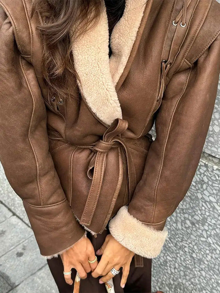 Brown Leather Jacket With Fur And Belt