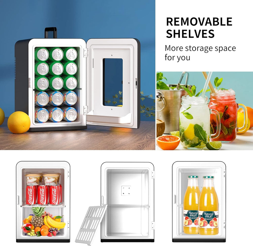Cumeod Mini Frigo 15 Litri/21 Lattine, 2 in 1 Frigorifero Portatile con Funzione di Raffreddamento e Riscaldamento, 12V DC/220V AC per Auto, Ufficio e Camera da Letto, Bevande, Cosmetici, Nero, Modalità Max ed Eco