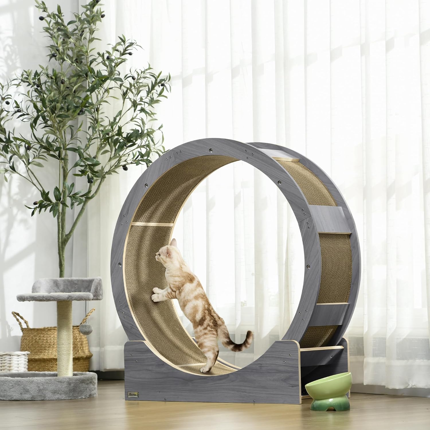 PawHut Katzenlaufrad Laufrad für Katzen 91 cm mit Bremse, Kratzbrett, Katzenrad für gesunde Bewegung, Entspannung, Grau