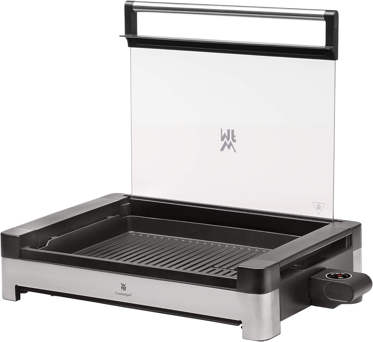 WMF Lono Barbecue elettrico da tavolo con coperchio in vetro, piastra rivestita, vaschetta raccogli-grasso rimovibile, lavabile in lavastoviglie, acciaio inox opaco, 2200 Watt