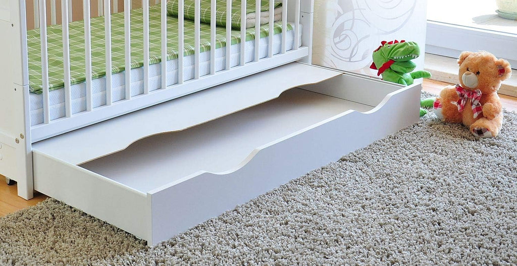 Marsell Lettino per bambini con cassetti con coperchio Lettino per bambini con materasso in schiuma Aloe Vera, protezioni per i denti regolabili in altezza, Bianco, trasformabile in lettino per ragazzi