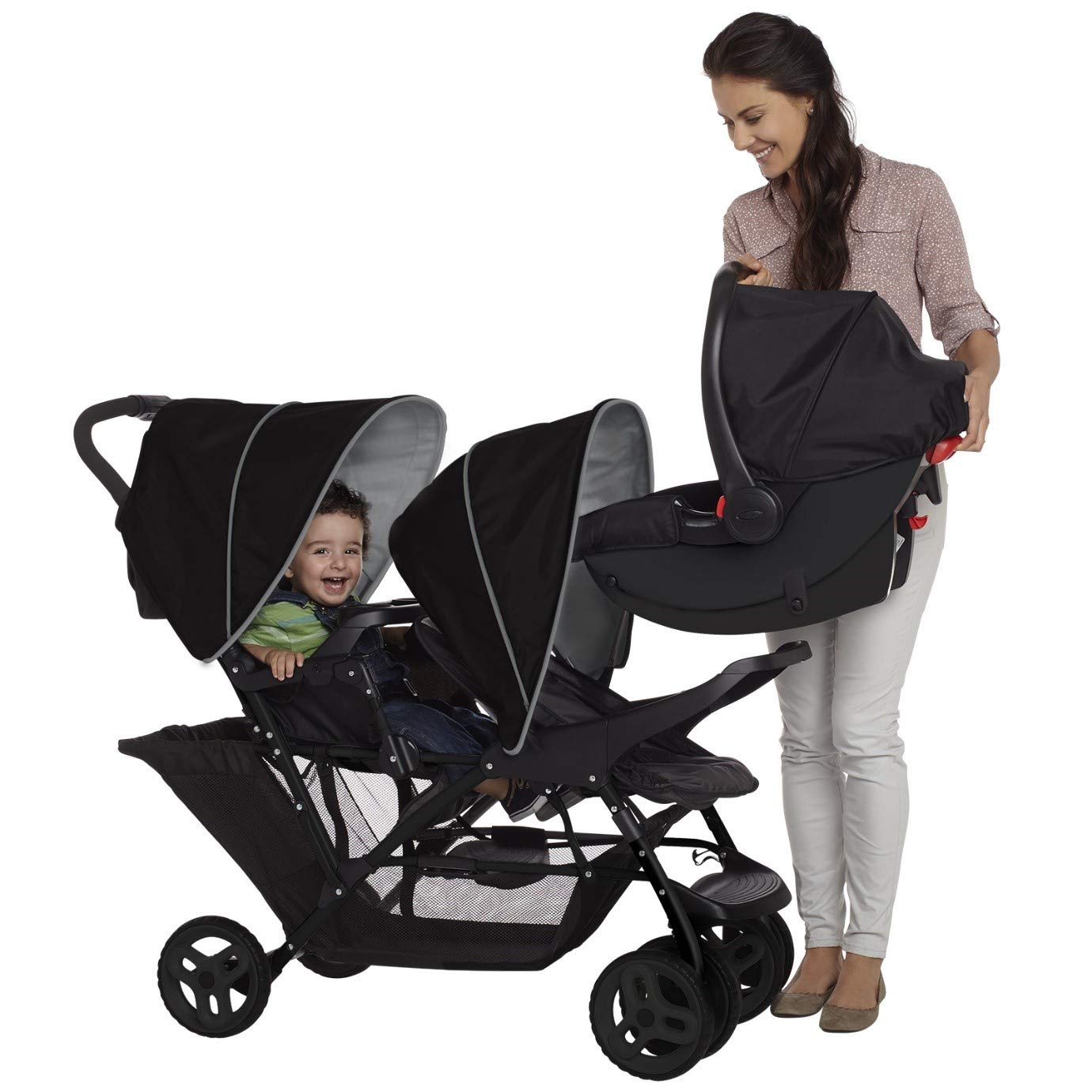 Graco Stadium Duo Passeggino Gemellare, 0-15 kg, utilizzabile anche con seggiolino auto, schienali reclinabili, pieghevole, sta in piedi da solo, ampio cestello portaoggetti, include vassoi portaoggetti, Titanium