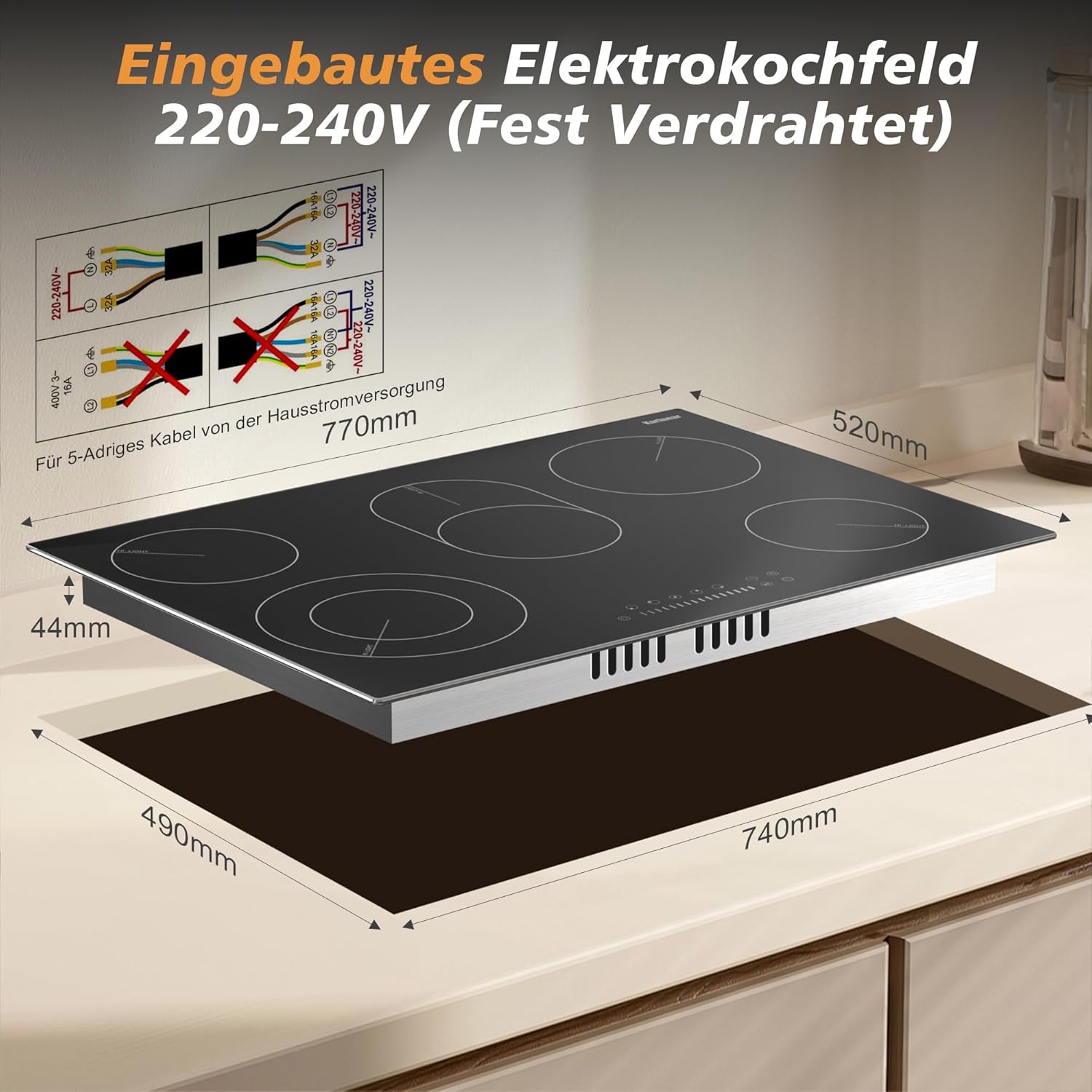 Karinear Einbau-Kochfeld aus Glaskeramik, 4 Kochfelder, mit doppelter ausziehbarer Zone, integrierter elektrischer Tisch mit Touch-Steuerung, Timer, Verriegelung für Kinder, 6600 W