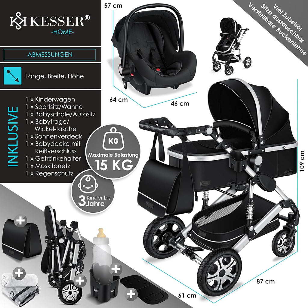 KESSER® Loops Passeggino Trio 3 in 1, Set Completo con Navicella, Seduta Passeggino e Seggiolino Auto Ovetto, Ruote in Gomma Piena, Borsa Fasciatoio, Parapioggia, Tavolino, ECE R129, Nero/Champagne