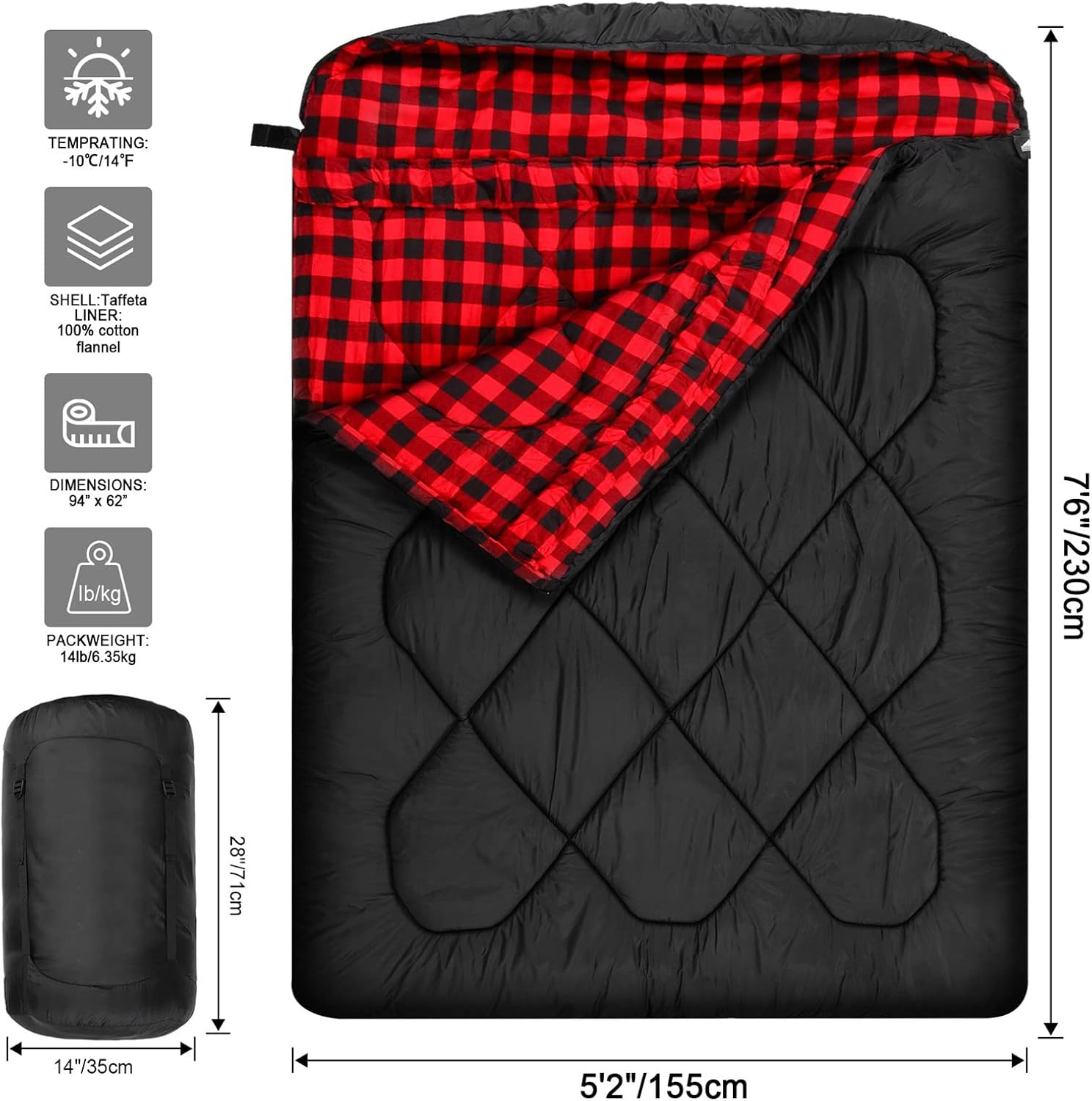 Mcota Winter 0 Grad Doppelschlafsack, Queen-Size-Größe, Schlafsack mit 100% Baumwoll-Flanellfutter, warm und wasserdicht, für 2 Personen Schlafsack für Camping, Angeln oder Jagd bei kaltem Wetter