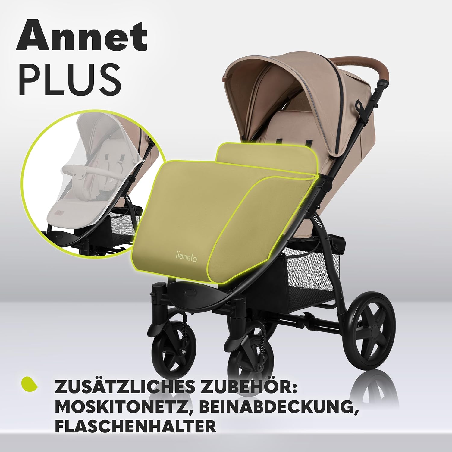 LIONELO Annet Buggy fino a 22 kg con funzione reclinabile, passeggino compatto richiudibile con accessori, ruote in schiuma EVA, zanzariera, coprigambe, portabevande, cestino (Golden Moments, Tour)