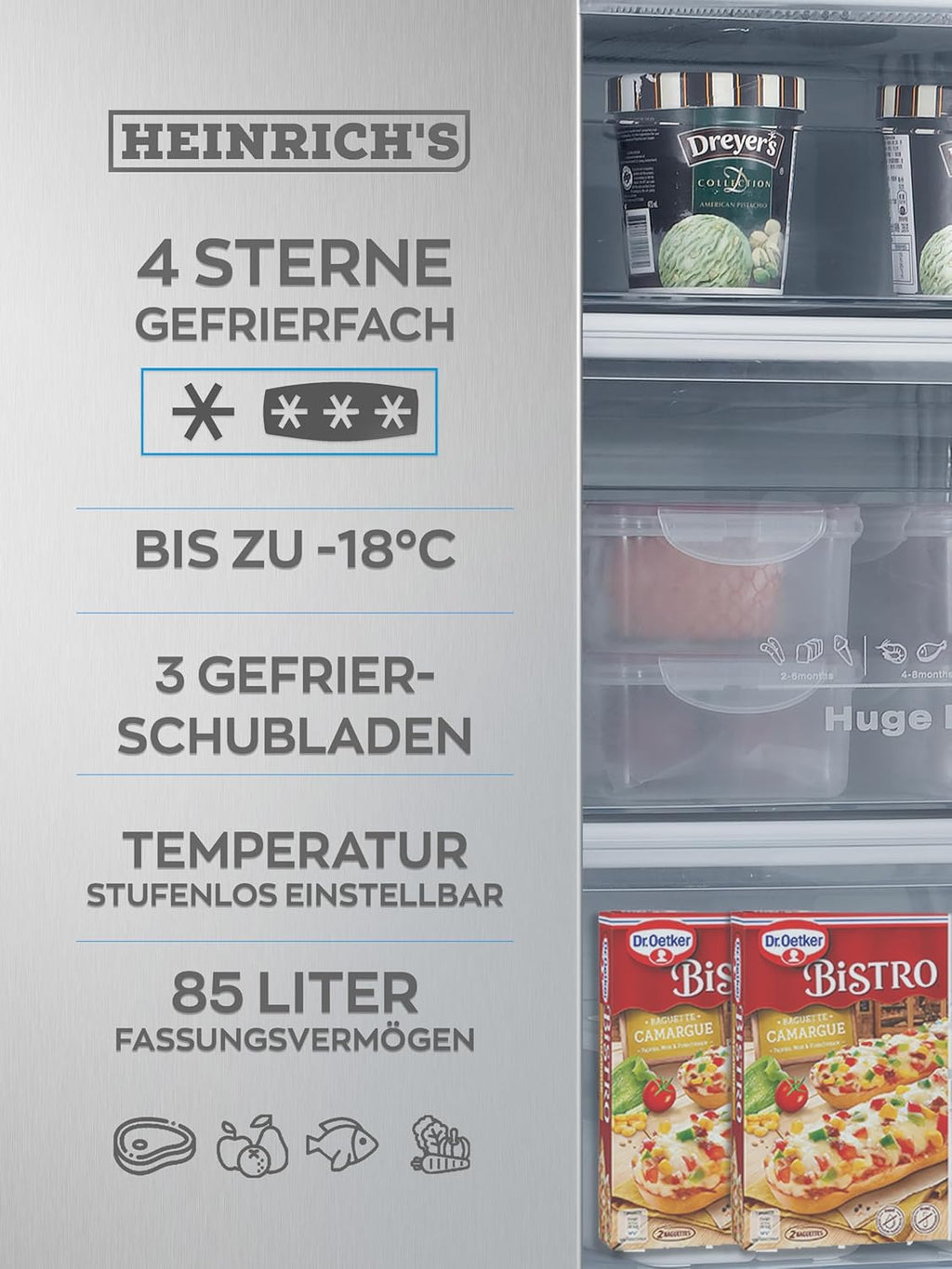 Congelatore Heinrich 61 litri -18°C, 3 cassetti congelatore, regolatore temperatura a 7 livelli, Airflow, porta reversibile, bianco