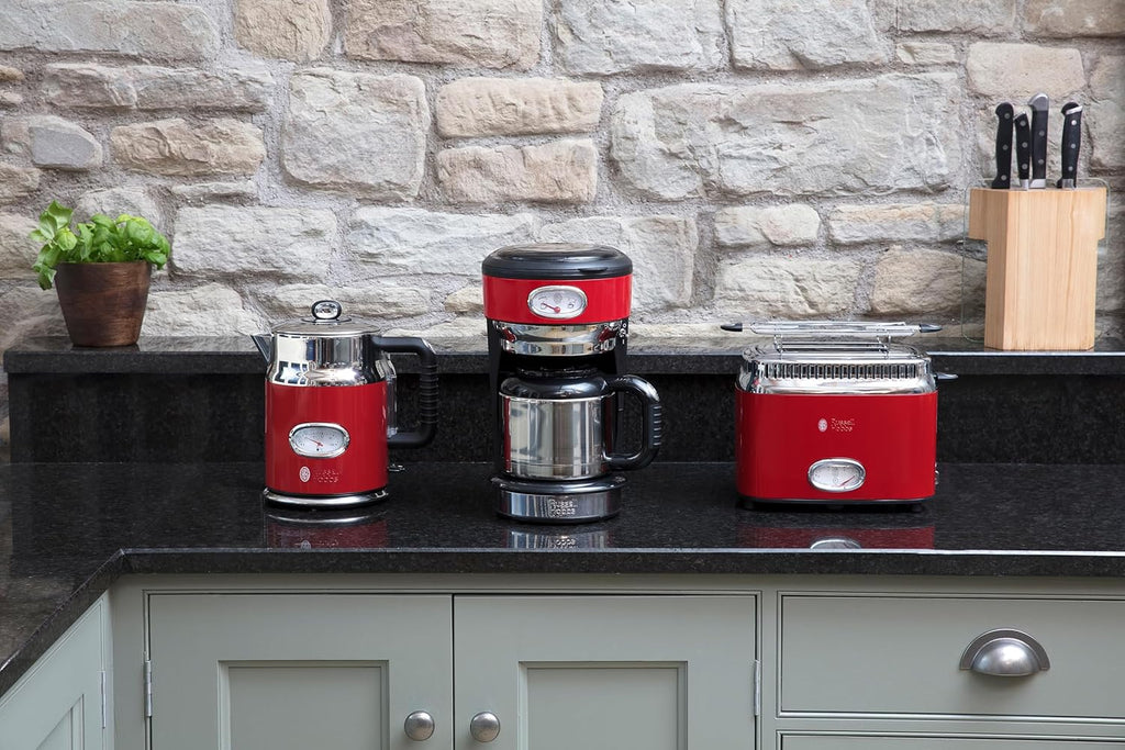 Russell Hobbs Tostapane [a 2 Fette] Retro Acciaio Inossidabile Rosso (Display Countdown in design retrò, incluso accessorio per panini, 6 livelli di doratura + funzione scongelamento e riscaldamento, 1300W) Vintage 21680-56