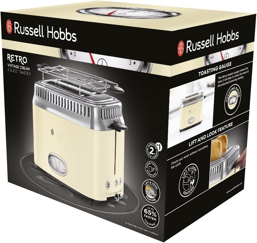 Russell Hobbs Tostapane [per 2 fette] Retro Acciaio Inossidabile Crema (Display Conto alla Rovescia Retro, inclusi pinze per panini, 6 livelli di doratura + funzione scongelamento e riscaldamento, 1300W) Vintage 21682-56