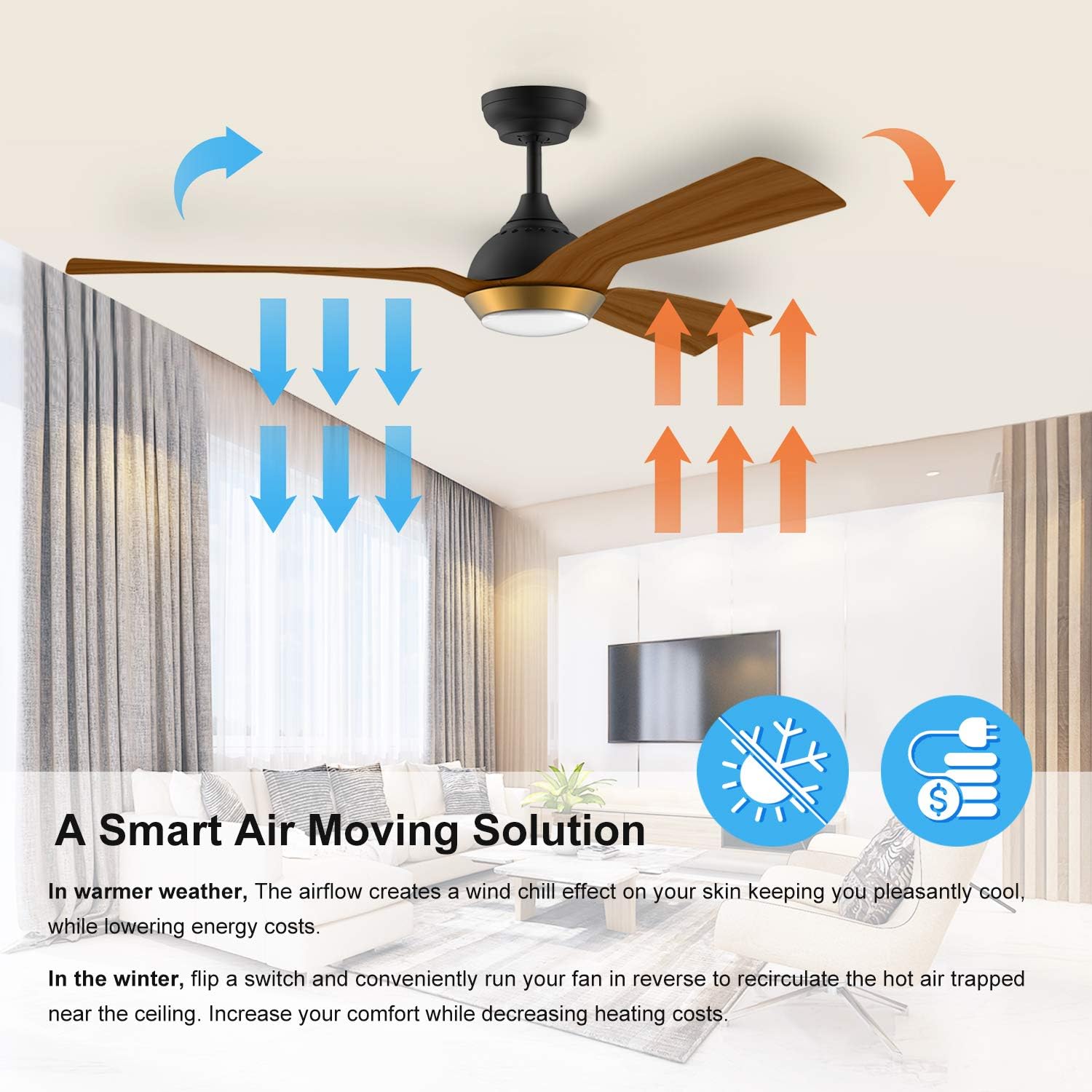 reiga Ventilatore da soffitto WiFi 132 CM con illuminazione a LED dimmerabile e telecomando, 3 temperature di colore, motore DC 6 velocità, compatibile con l'App Alexa Google Home, legno e marrone