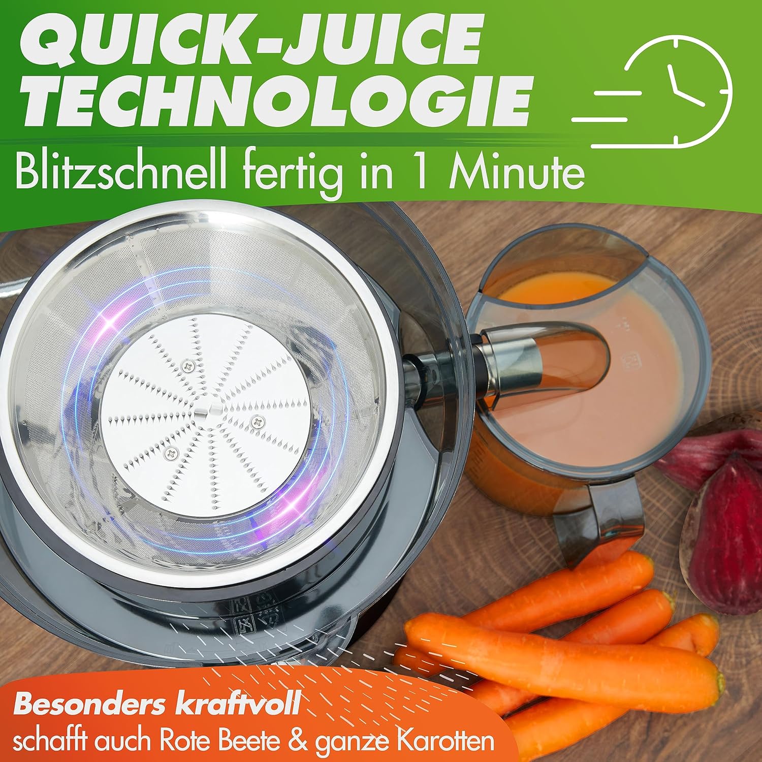 Nutrilovers *Vincitore del test* QUICK-JUICER Centrifuga in acciaio inox per frutta e verdura I Imboccatura XXL per spremere frutta intera, 800W, 2 velocità, senza BPA incl. borraccia + libro di ricette e app