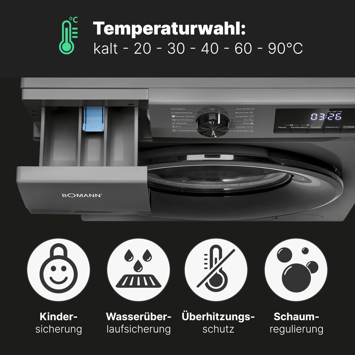 Bomann Lavatrice 7kg | max. 1400 giri/min | 10 anni di garanzia sul motore | motore inverter efficiente, silenzioso e durevole | 15 programmi | preselezione dell'ora di fine | display LED | WA 7175 bianca