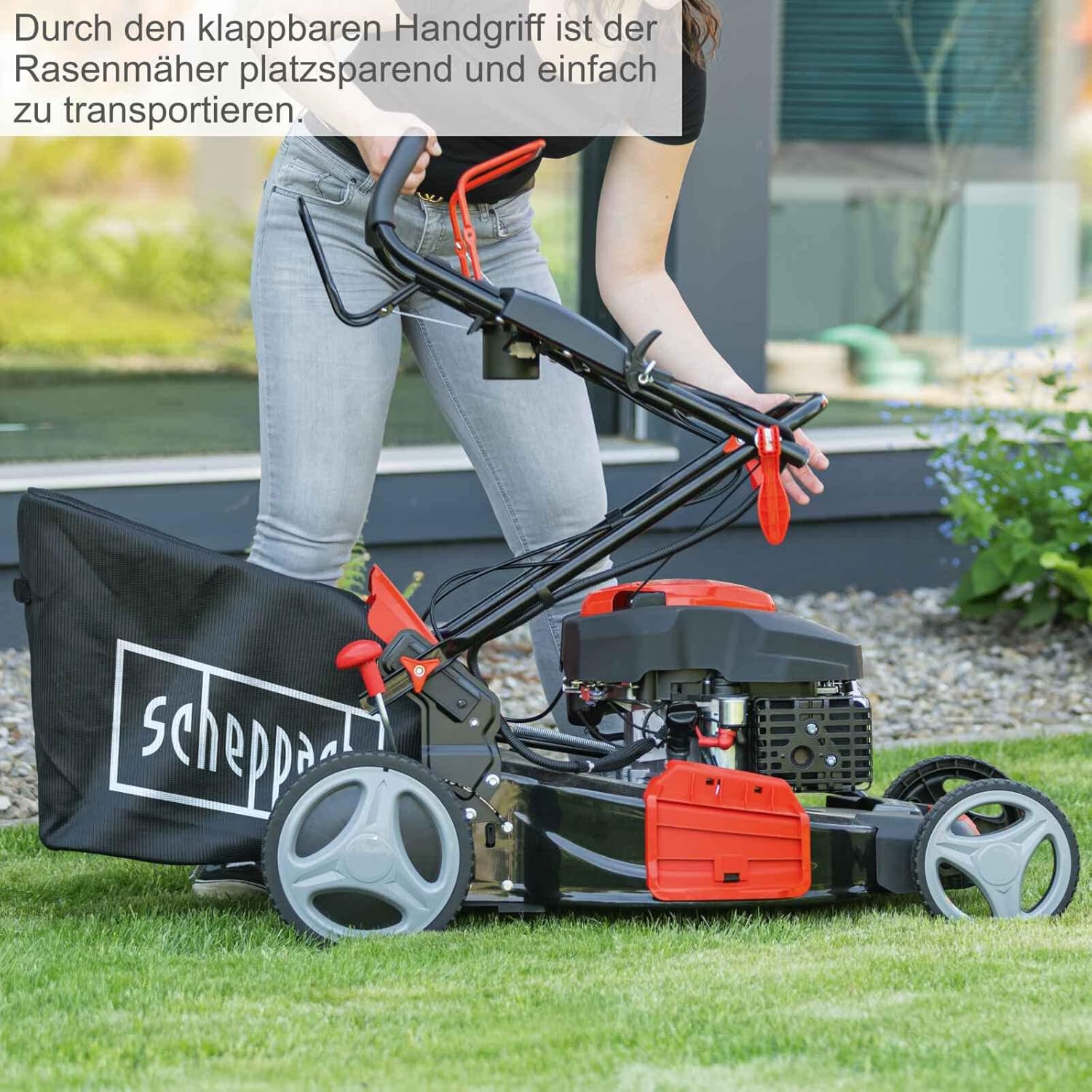 Scheppach MS150-46E Rasaerba a benzina con avviamento elettrico | Larghezza di taglio 46 cm | Funzione di pulizia | Cesto di raccolta da 55 litri | Scocca in acciaio | Regolazione altezza a 7 posizioni | Funzione mulching | Trazione | Scarico laterale