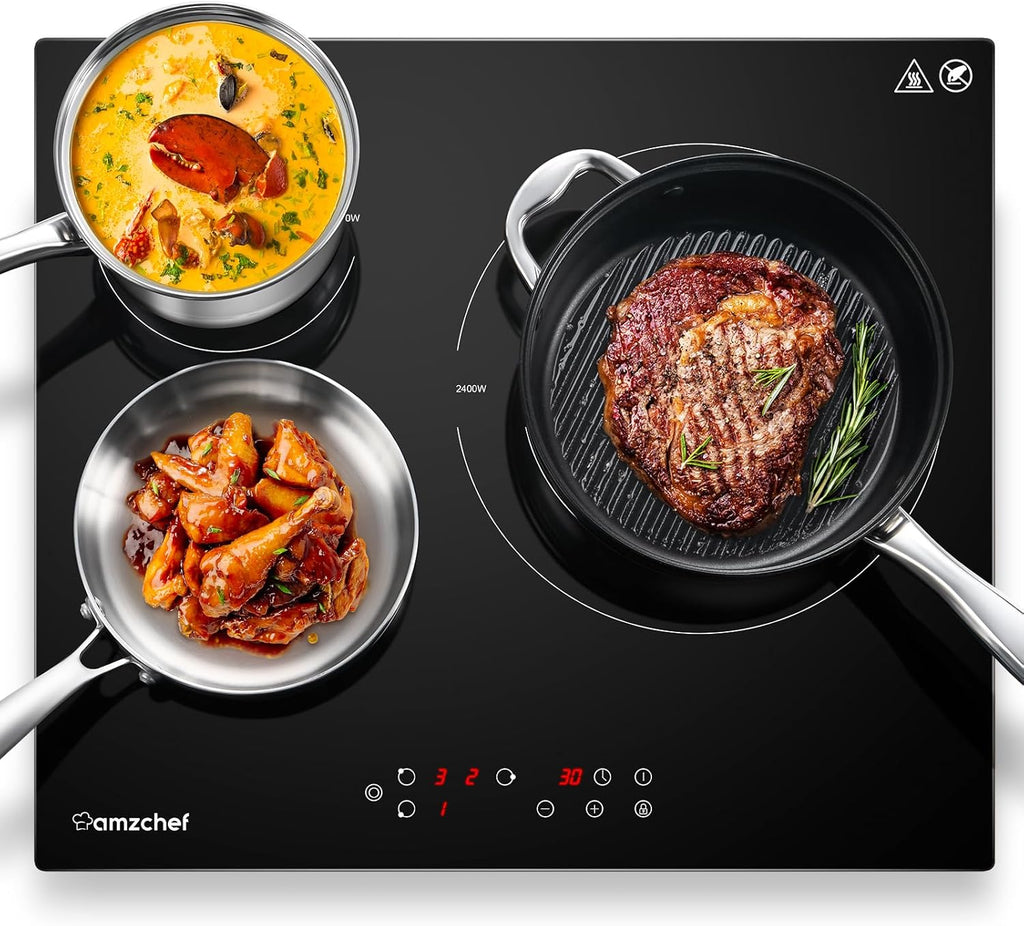 AMZCHEF Induktionskochfeld 60cm mit Zwei Flexzonen, 4 Zonen Induktionskochplatte mit Boost-Funktion und 9 Leistungsstufen, Touch-Bedienung, Timer, Sicherheitsschloss, Überhitzungsschutz, BBQ, 7200W