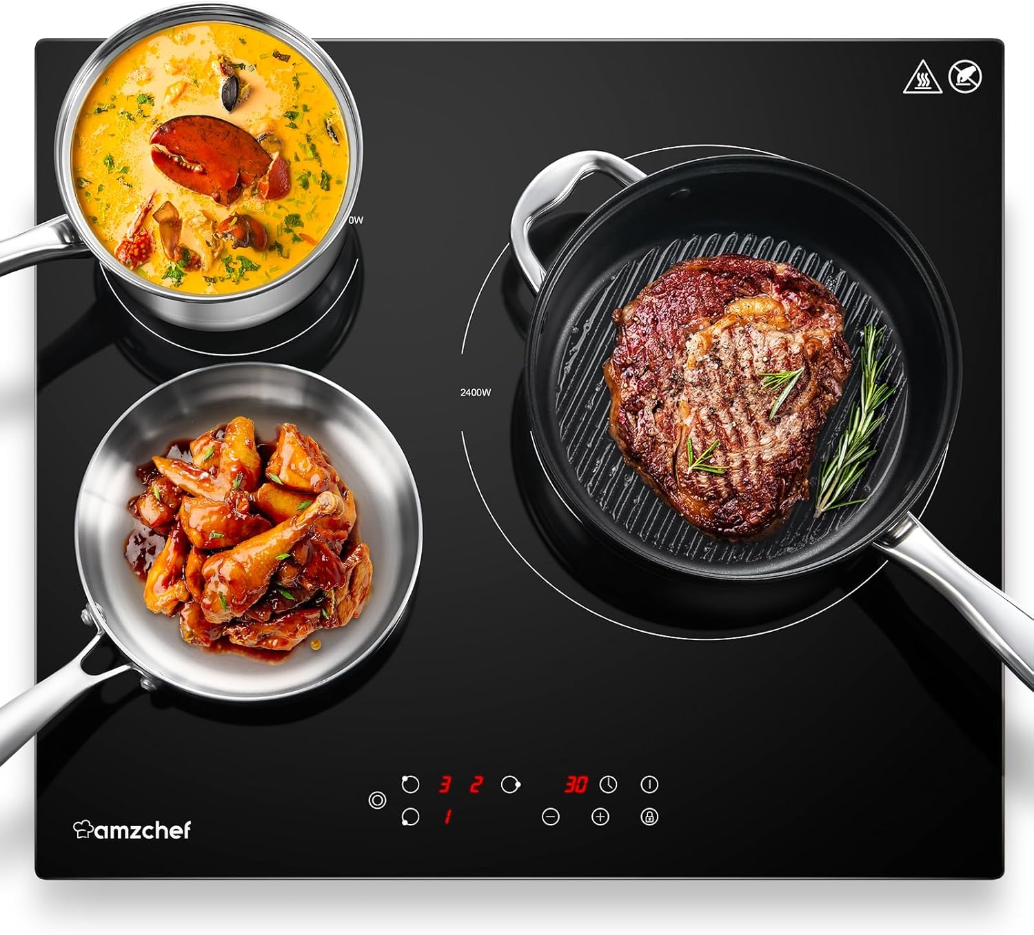AMZCHEF Induktionskochfeld 60cm mit Zwei Flexzonen, 4 Zonen Induktionskochplatte mit Boost-Funktion und 9 Leistungsstufen, Touch-Bedienung, Timer, Sicherheitsschloss, Überhitzungsschutz, BBQ, 7200W