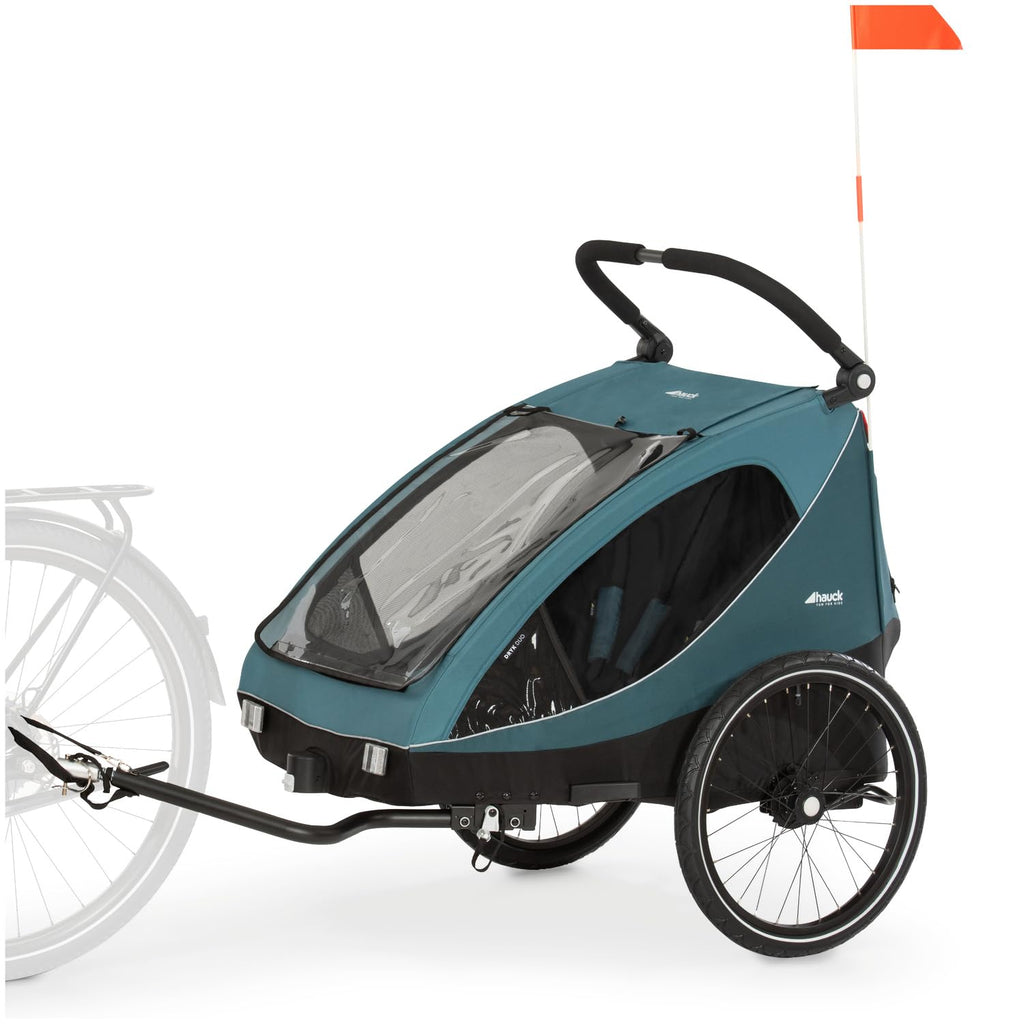 hauck Rimorchio Bici & Passeggino Dryk Duo Plus con Sospensioni, per 2 Bambini (6-48 mesi), incl. Timone, Ruota da Passeggino, Bandierina e Luce LED, Pieghevole, Regolabile in Altezza, Baule XL (Verde Scuro)