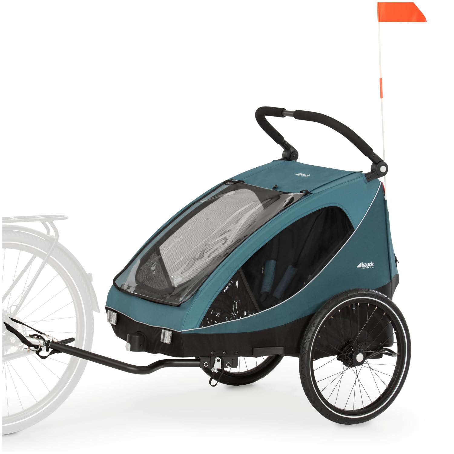 hauck Rimorchio Bici & Passeggino Dryk Duo Plus con Sospensioni, per 2 Bambini (6-48 mesi), incl. Timone, Ruota da Passeggino, Bandierina e Luce LED, Pieghevole, Regolabile in Altezza, Baule XL (Verde Scuro)