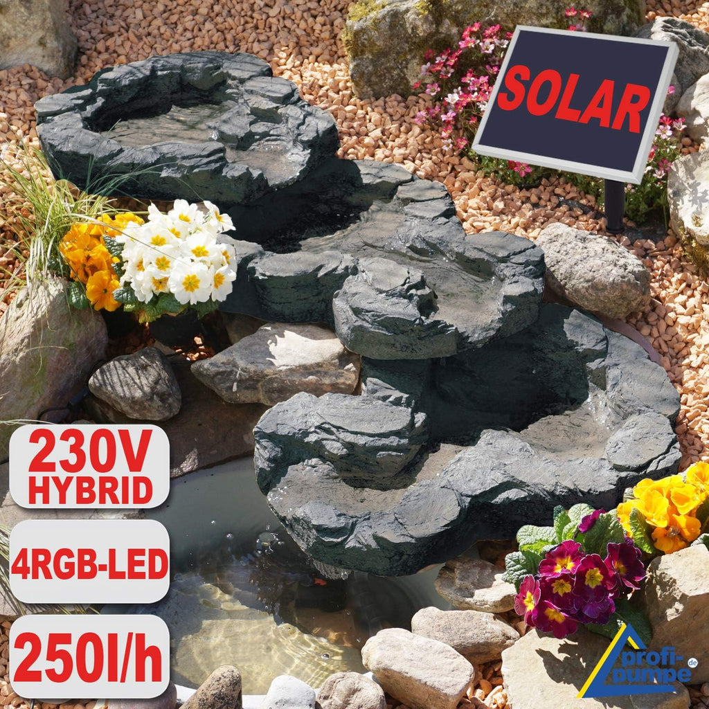 Fontana solare da giardino Bachlauf QUELLBACH II con luce LED/sistema ibrido, FONTANA ORNAMENTALE a 230V, BAGNO PER UCCELLI, CASCATA, LAMPADA DA GIARDINO, POMPA PER STAGNO - GIOCO D'ACQUA per giardino, laghetto da giardino, laghetto