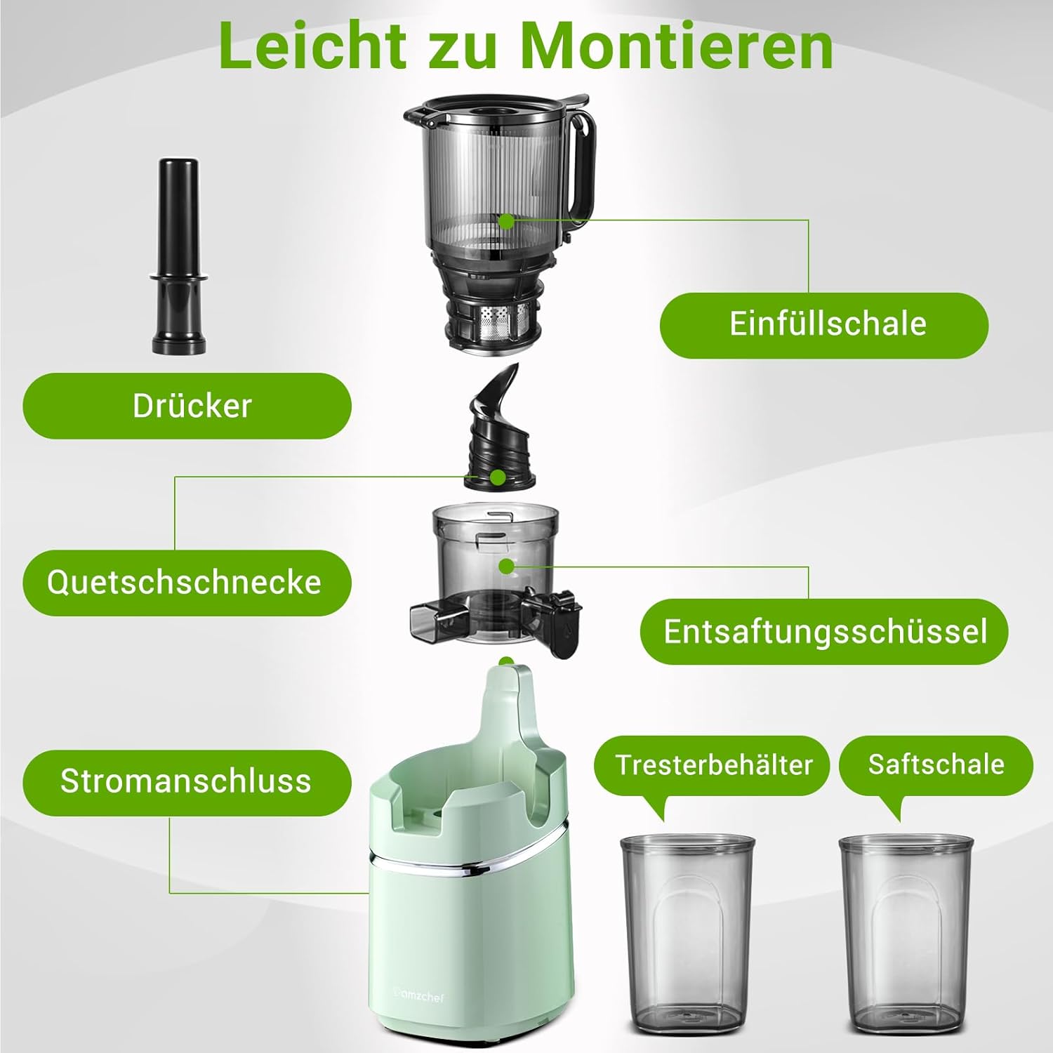 AMZCHEF Estrattore di Succo Automatico Tutto in Uno, Apertura da 135MM e Spremiagrumi da 1,8L per Frutta e Verdura, Estrattore di Succo Lento 250W Vincitore del Test con Triplo Filtro - Nero