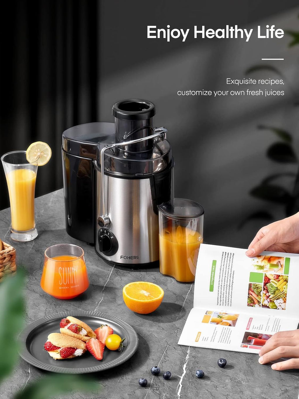 FOHERE Centrifuga per Frutta e Verdura in Acciaio Inox, 400W con Imboccatura Larga da 65 MM e 3 Velocità, Funzione Anti-Goccia e Protezione da Surriscaldamento con Spazzola per la Pulizia, Argento