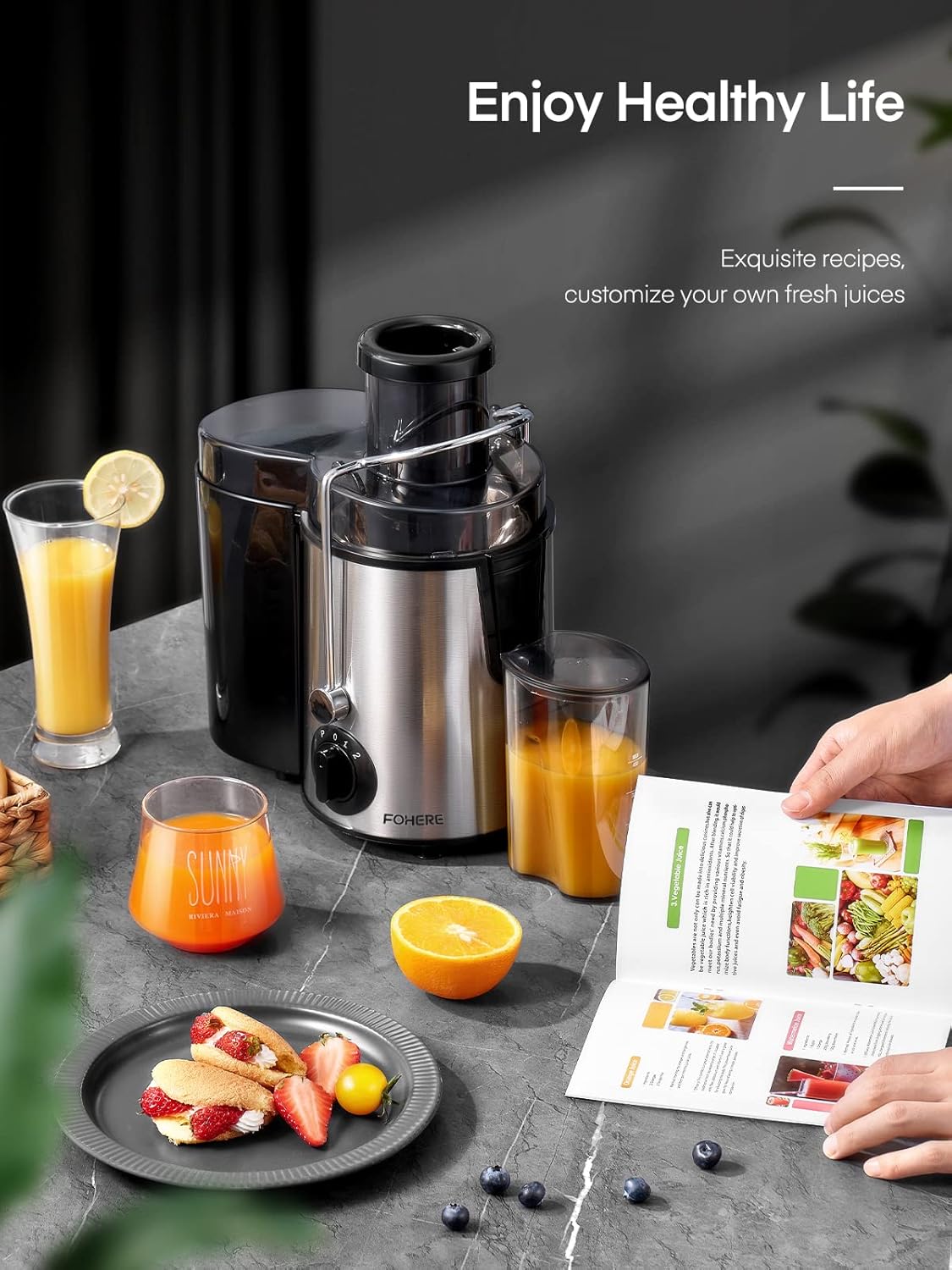 FOHERE Centrifuga per Frutta e Verdura in Acciaio Inox, 400W con Imboccatura Larga da 65 MM e 3 Velocità, Funzione Anti-Goccia e Protezione da Surriscaldamento con Spazzola per la Pulizia, Argento