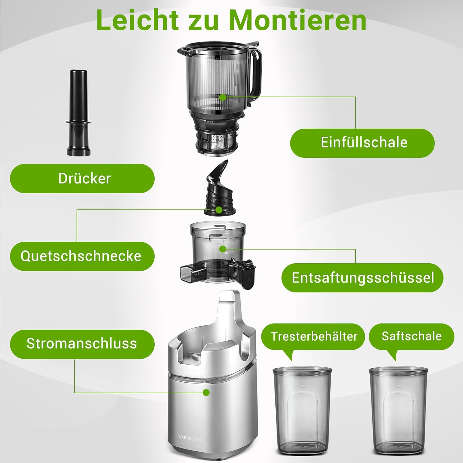 AMZCHEF Estrattore di Succo Automatico Tutto in Uno, Apertura da 135MM e Spremiagrumi da 1,8L per Frutta e Verdura, Estrattore di Succo Lento 250W Vincitore del Test con Triplo Filtro - Nero