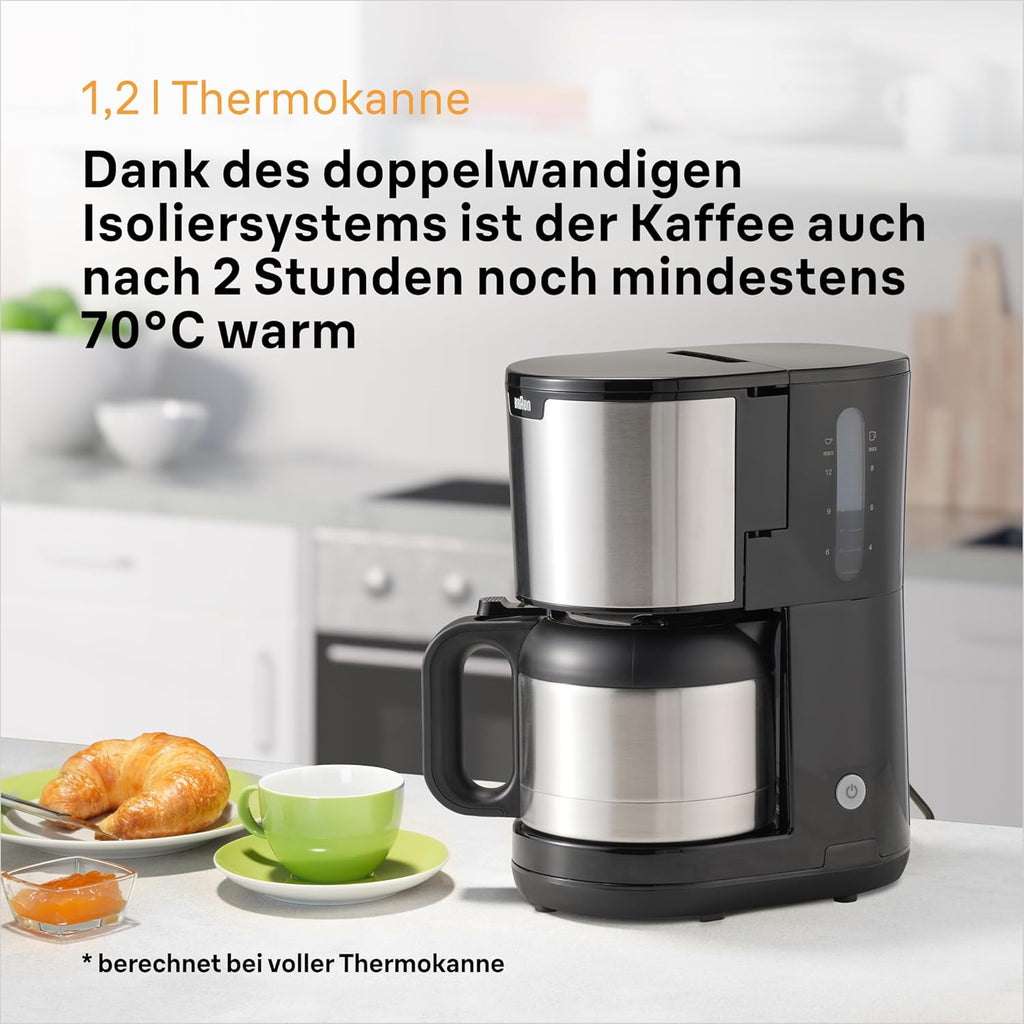 Braun PurShine KF1505 BK Filterkaffeemaschine, 1,2L Edelstahl-Thermokanne für bis zu 9 Tassen, OptiBrew-System, Tropf-Stopp-Funktion, schwenkbarer Filterkorb, Automatische Abschaltung, 1000W, Schwarz