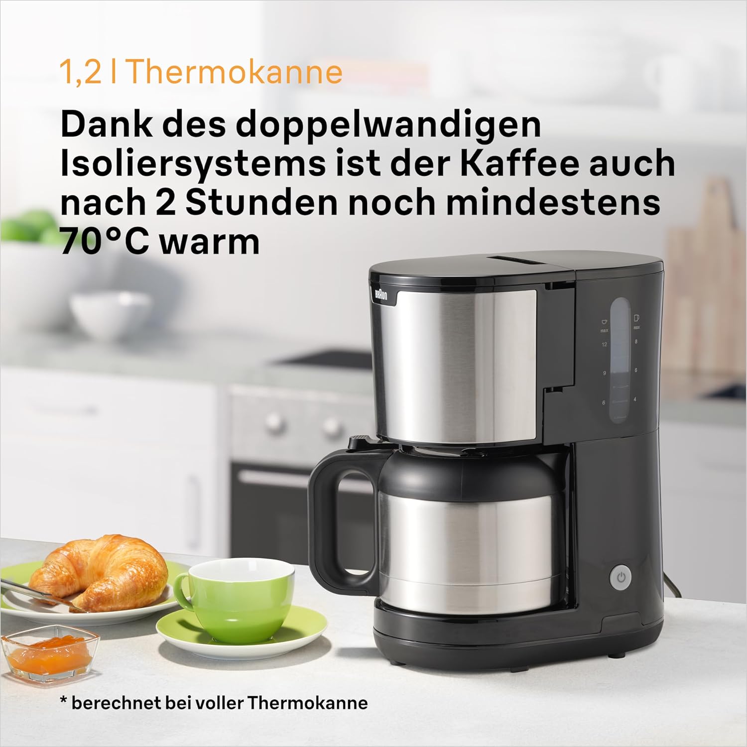 Braun PurShine KF1505 BK Filterkaffeemaschine, 1,2L Edelstahl-Thermokanne für bis zu 9 Tassen, OptiBrew-System, Tropf-Stopp-Funktion, schwenkbarer Filterkorb, Automatische Abschaltung, 1000W, Schwarz