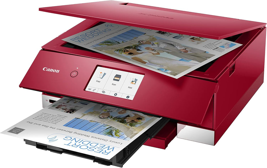 Canon PIXMA TS8351a Stampante multifunzione a getto d'inchiostro a colori DIN A4 (scanner, fotocopiatrice, 4.800 x 1.200 dpi, 6 inchiostri separati, USB, WLAN, AirPrint, stampa fronte/retro, 2 alimentatori carta, 5 GHz), bianco