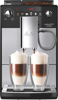 Melitta Latticia OT - Macchina da caffè automatica con sistema latte, Macchina da caffè con macinino per caffè o cappuccino, ad esempio, argento/nero