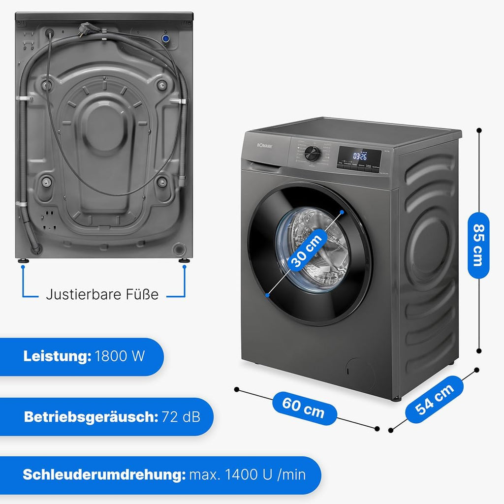 Bomann® Lavatrice 8kg | max. 1400 giri/min | 10 anni di garanzia sul motore | motore inverter robusto, silenzioso e durevole | 15 programmi di lavaggio | display LED | con funzione vapore | WA 7185 Titan - Nero