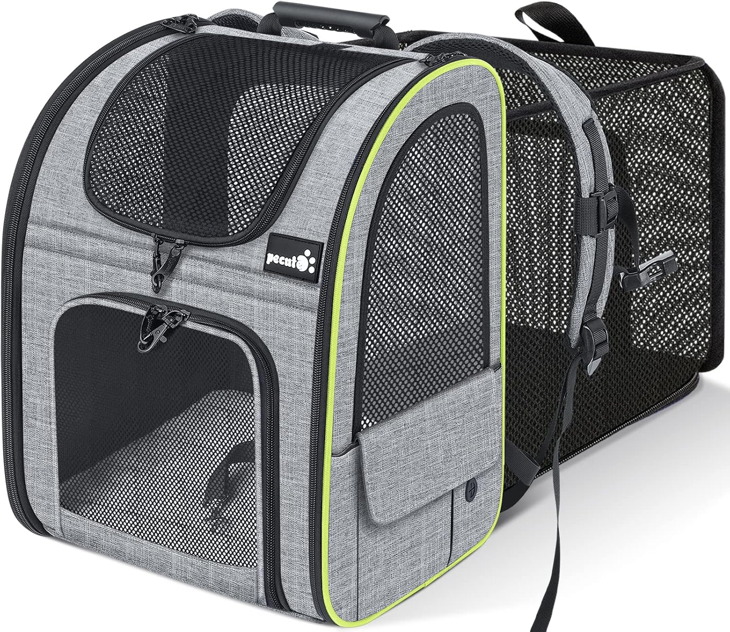 pecute Haustier Rucksack mit Netzfenster, Tragbare und Faltbare Katzentasche, Atmungsaktive und Leichte Hundetasche, Wasserdichtes Oxford-Tuch mit Viel Platz, Multifunktionales Rutschfestes Grau XL