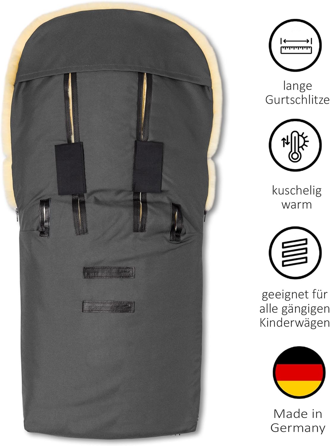 Sacco coprigambe in pelle di agnello Hofbrucker "Putzi" per passeggino, carrozzina/sacco coprigambe invernale antivento e idrorepellente/sacco coprigambe caldo con parte superiore rimovibile/vera pelle di agnello/Made in Germany