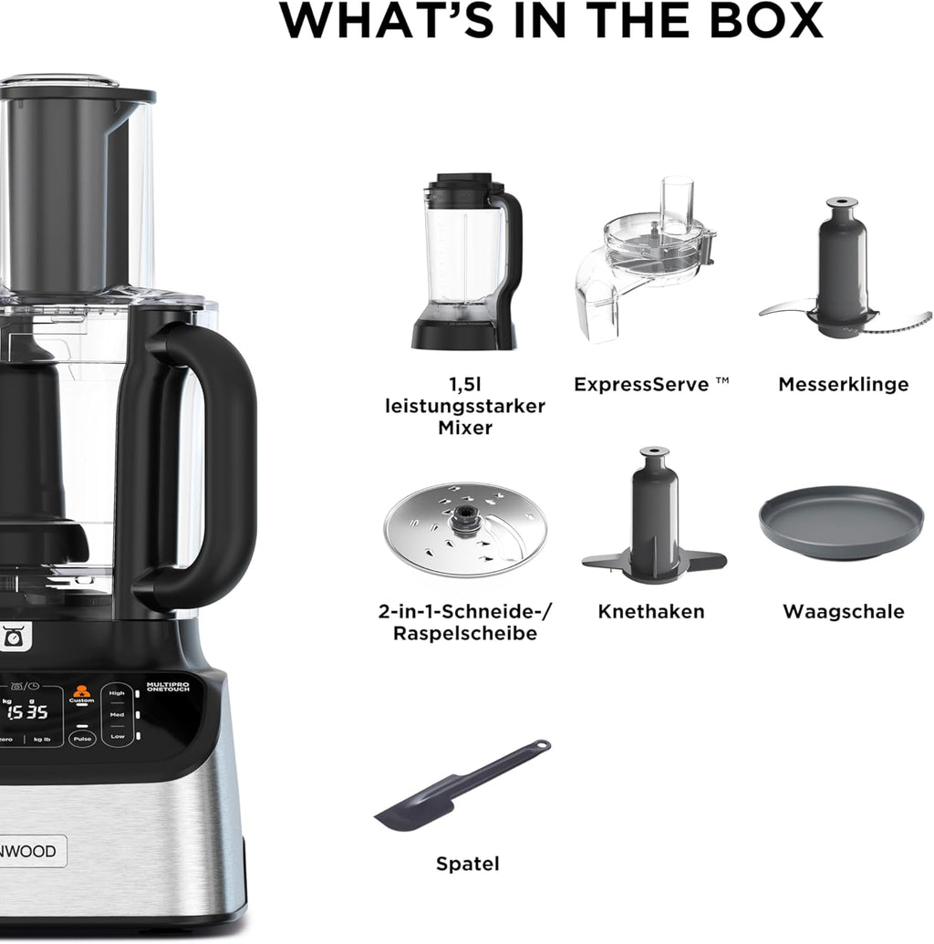 Kenwood MultiPro OneTouch FDM73.480SS – 2-in-1 Kompakt-Küchenmaschine & Mixer, 6 Zubehörteile, 6 Automatikprogramme, Variable Geschwindigkeit & Pulse-Funktion, Integrierte Waage, 1000 W, Silber