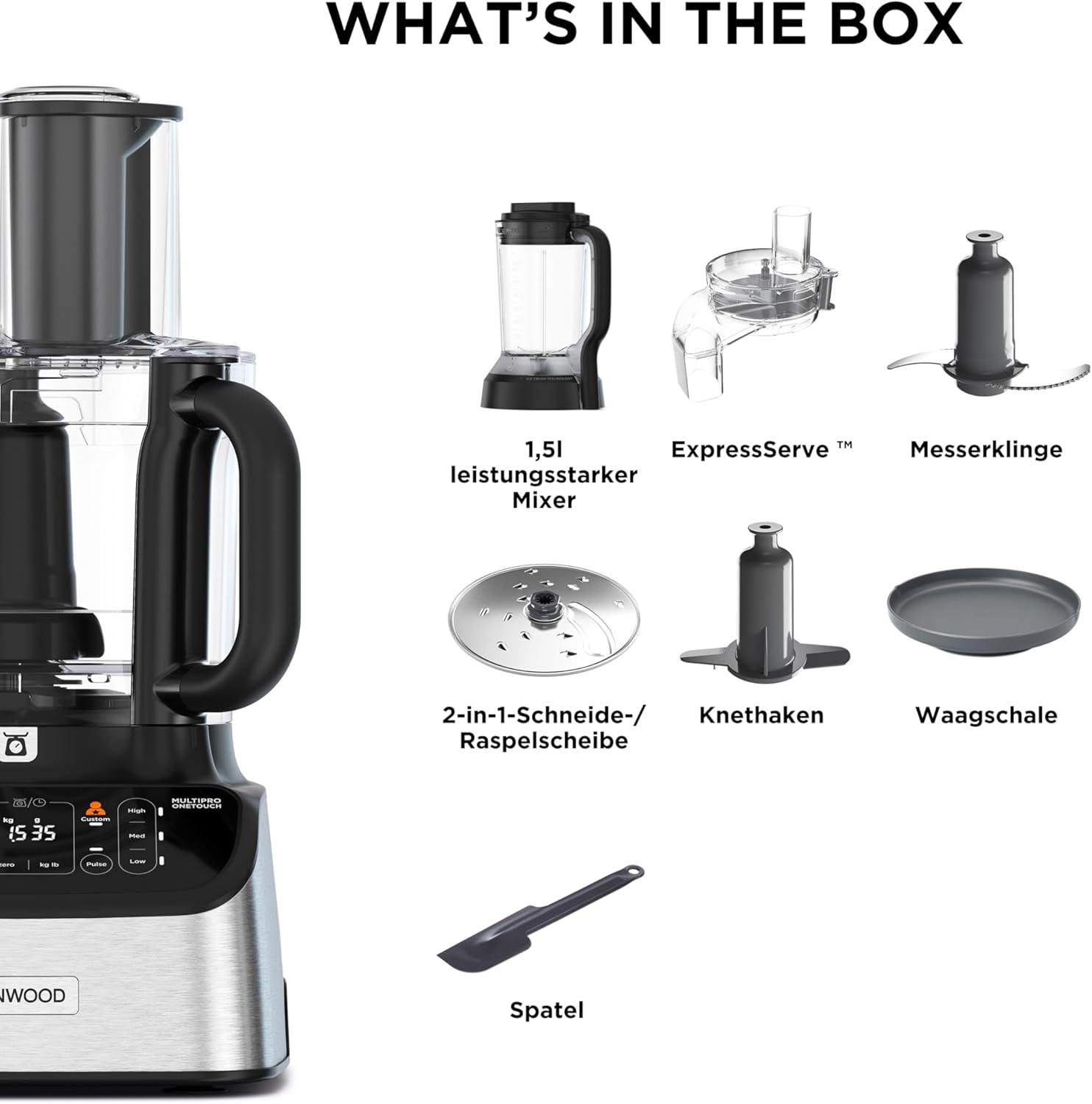 Kenwood MultiPro OneTouch FDM73.480SS – 2-in-1 Kompakt-Küchenmaschine & Mixer, 6 Zubehörteile, 6 Automatikprogramme, Variable Geschwindigkeit & Pulse-Funktion, Integrierte Waage, 1000 W, Silber