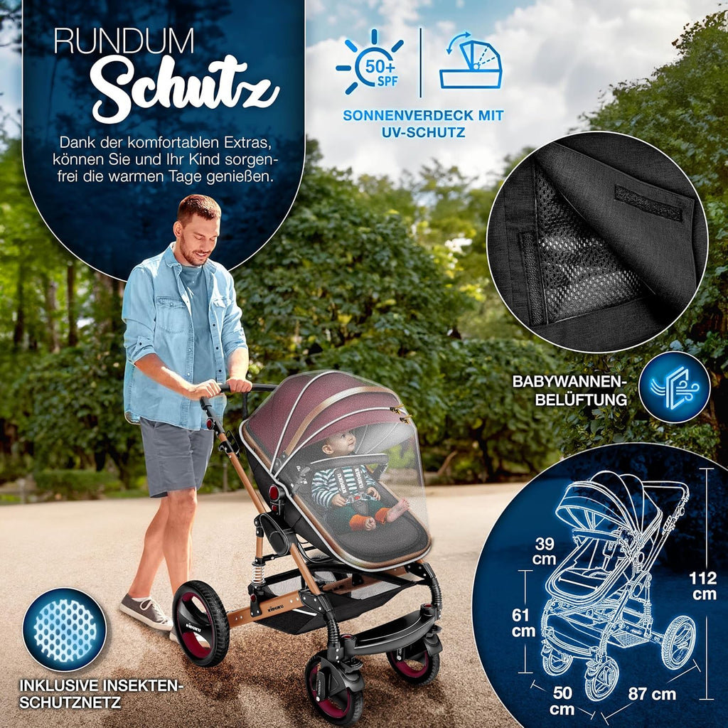 KIDUKU® Set completo passeggino 3 in 1 | Set passeggino combinato con navicella e sedile sportivo passeggino e seggiolino auto ovetto sacco a pelo | Ruote in gomma piena borsa per il cambio scaldamani parapioggia tavolino ECE R129