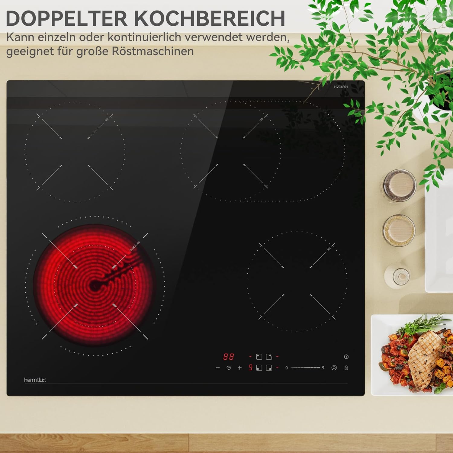 Hermitlux Domino Glaskeramikkochfeld,Eingebaut 29 cm schwarz Glaskeramik elektrisches Kochfeld,9 Leistungsstufen,Sensor-Touch-Steuerung, Kindersicherung, 1-99 Minuten-Timer,Geeignet für Alle Tpfe