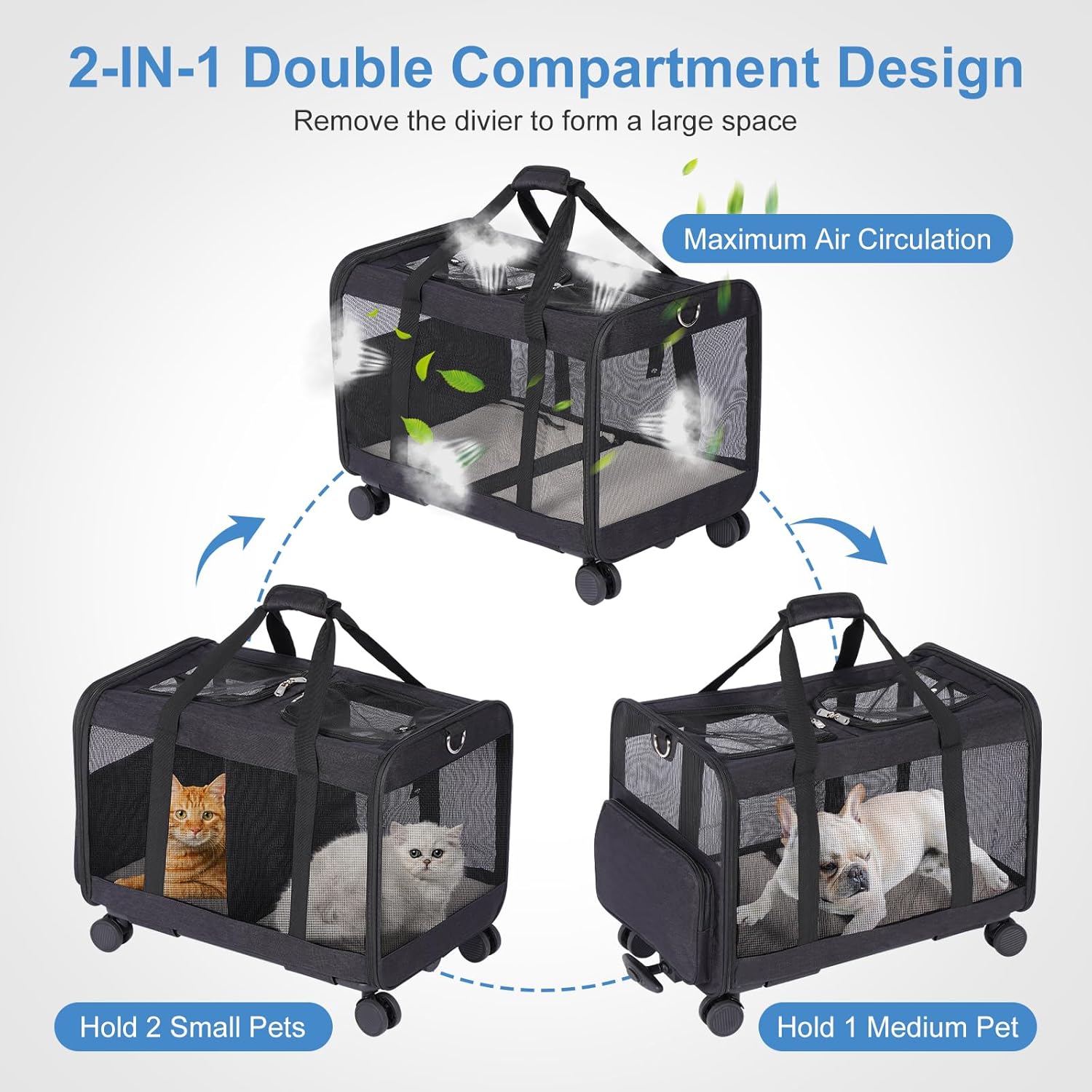 FASNATI Extra groe Doppel-Fach-Haustier-Tragetasche mit abnehmbaren Rdern für Katze/Hund, faltbare Rolltrage für 2 Katzen, Haustier-Katzen-Reisetrage für Spaziergnge/Camping, Grau