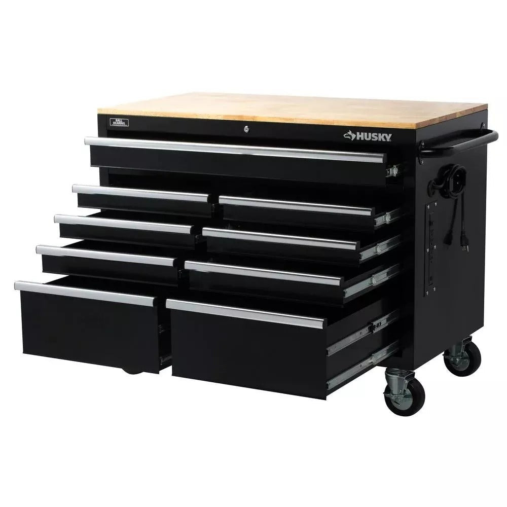 Cassettiera profonda a 9 cassetti, 117 cm L x 61 cm P, nera lucida, banco da lavoro mobile