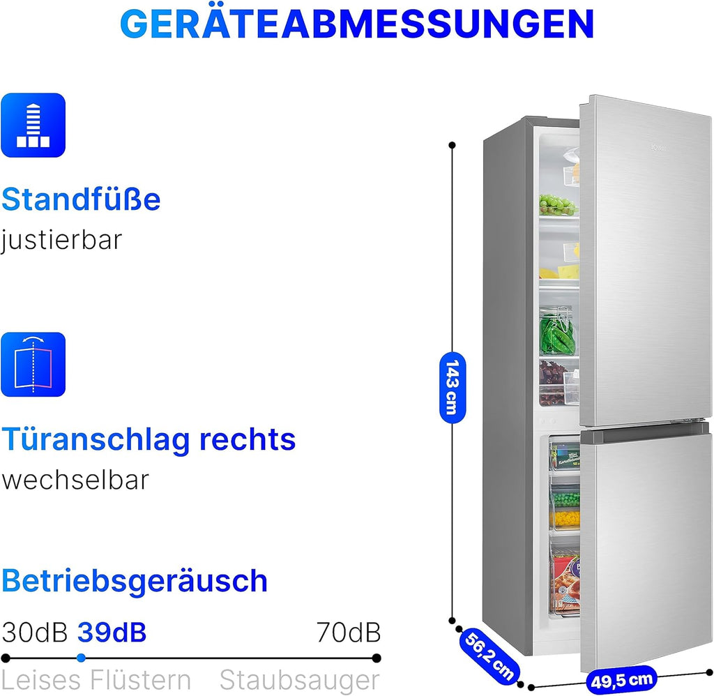 Bomann Frigo-Congelatore KG 320.2, 143 cm di Altezza, Frigo-Congelatore con Capacità 175 Litri, 3 Ripiani e 3 Cassetti, Cerniera della Porta Reversibile, Frigo-Congelatore Silenzioso 39 dB, Nero